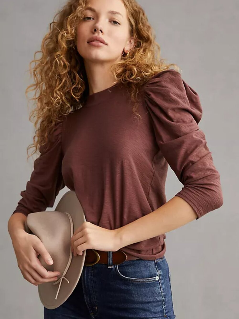 Anthro NATION LTD Top Puff-sleeved Mock Neck Tee Pima Cotton Mocha Brown size M
